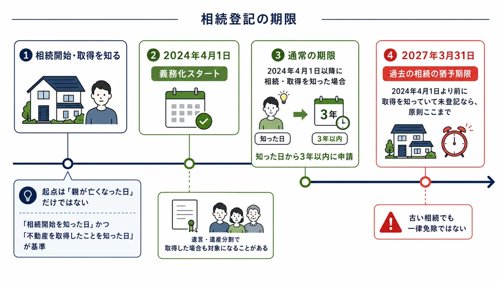 2024年4月1日より前の相続でも相続登記の期限確認が必要になる場合を示すイラスト