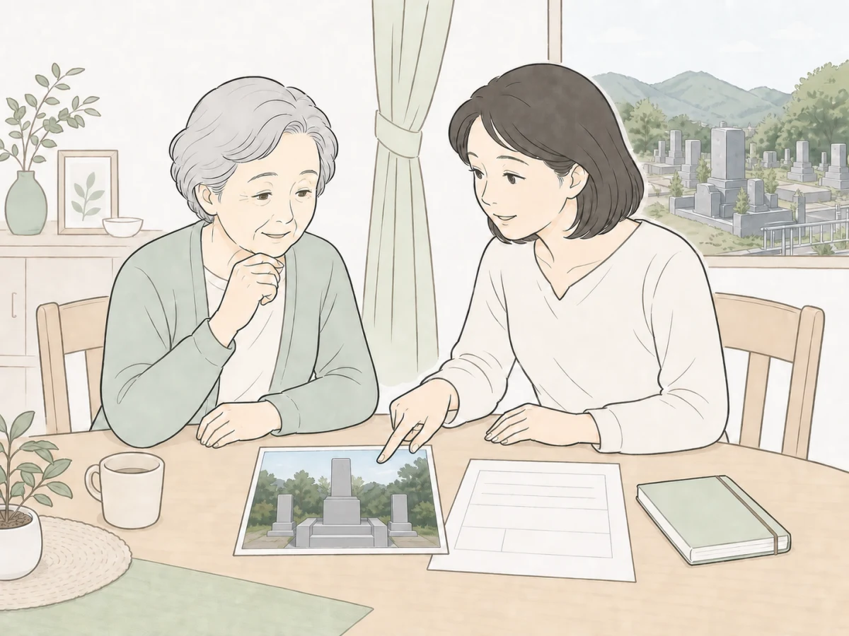 遠方にある家族のお墓の写真を見ながら、今後について話す親子の線画イラスト