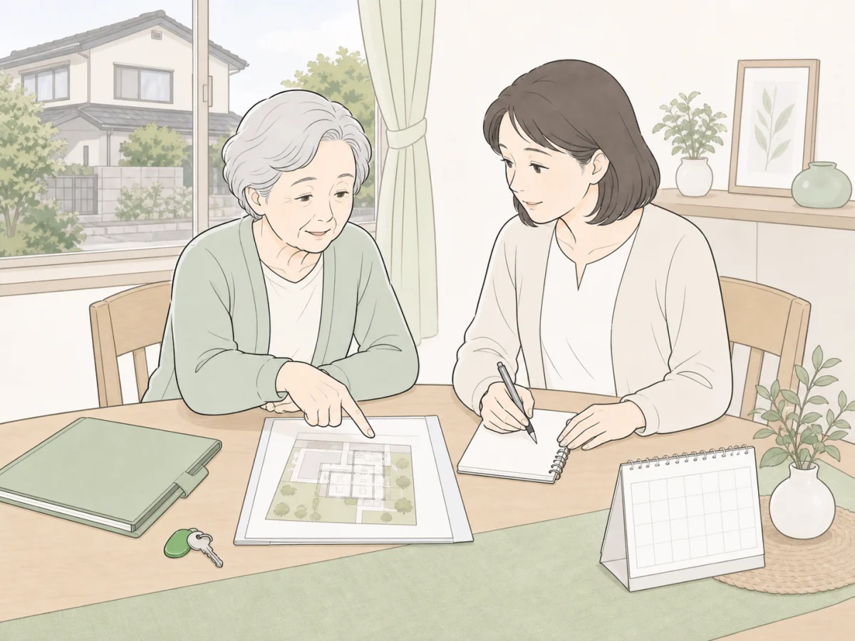 親名義の実家について、家の書類と鍵を前に売却の進め方を話す母と娘の線画イラスト