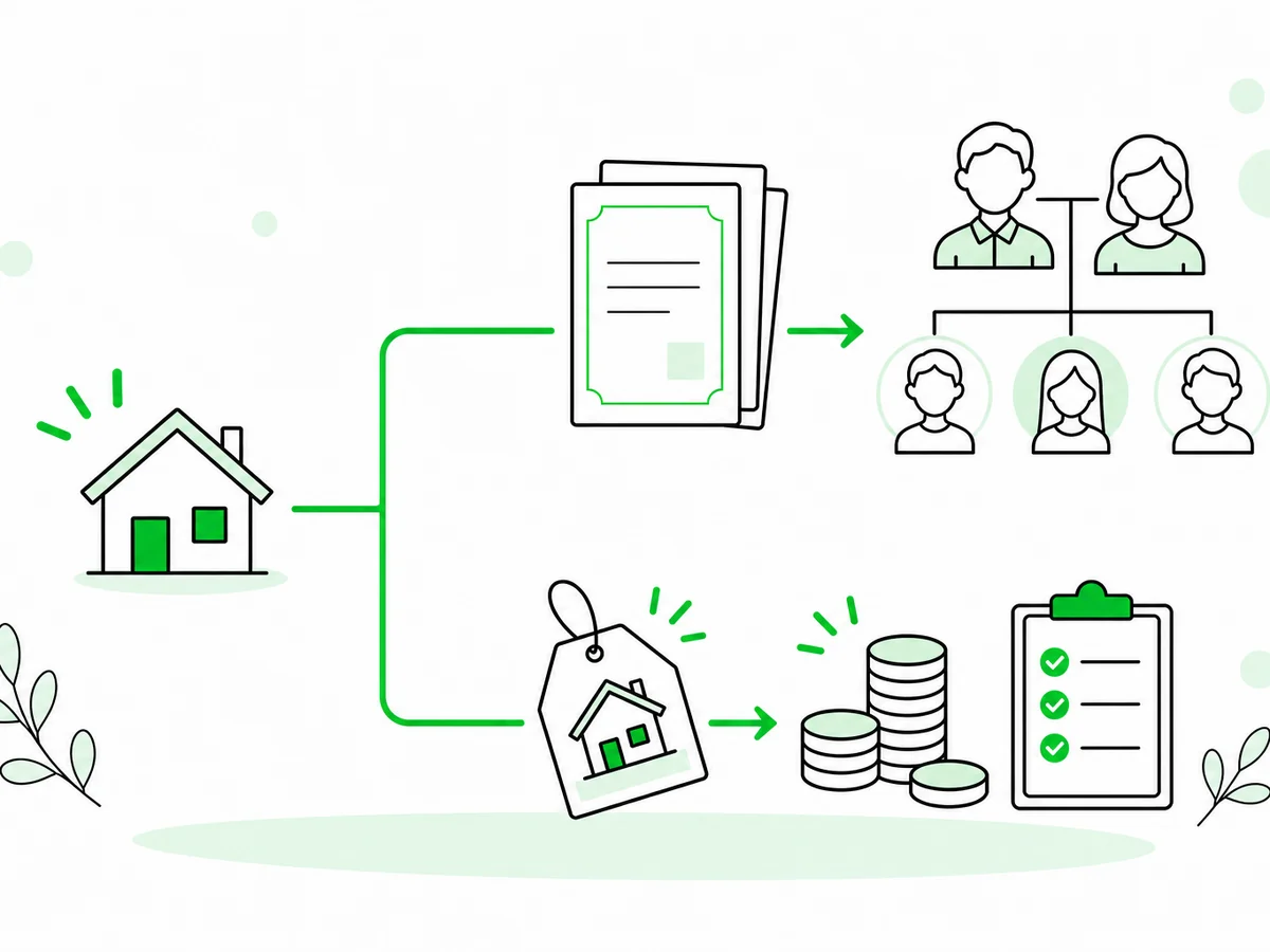 登記と売却の確認を同時に進める線画イラスト